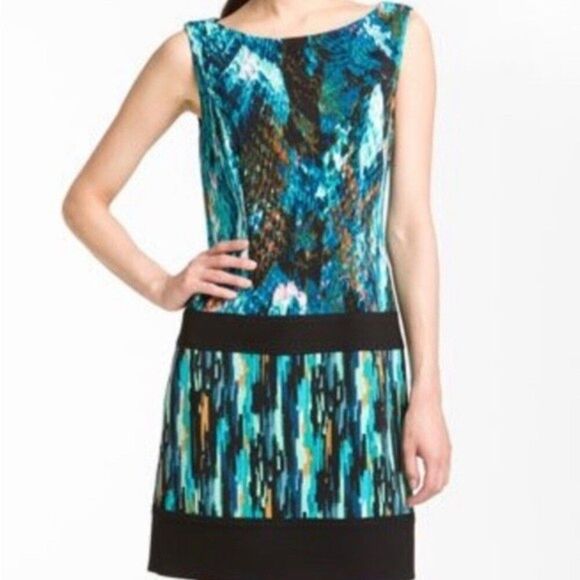Laundry By Shelli Segal Sleeveless Drop Waist Dress Blues Greens Sz 4 - Picture 1 of 8